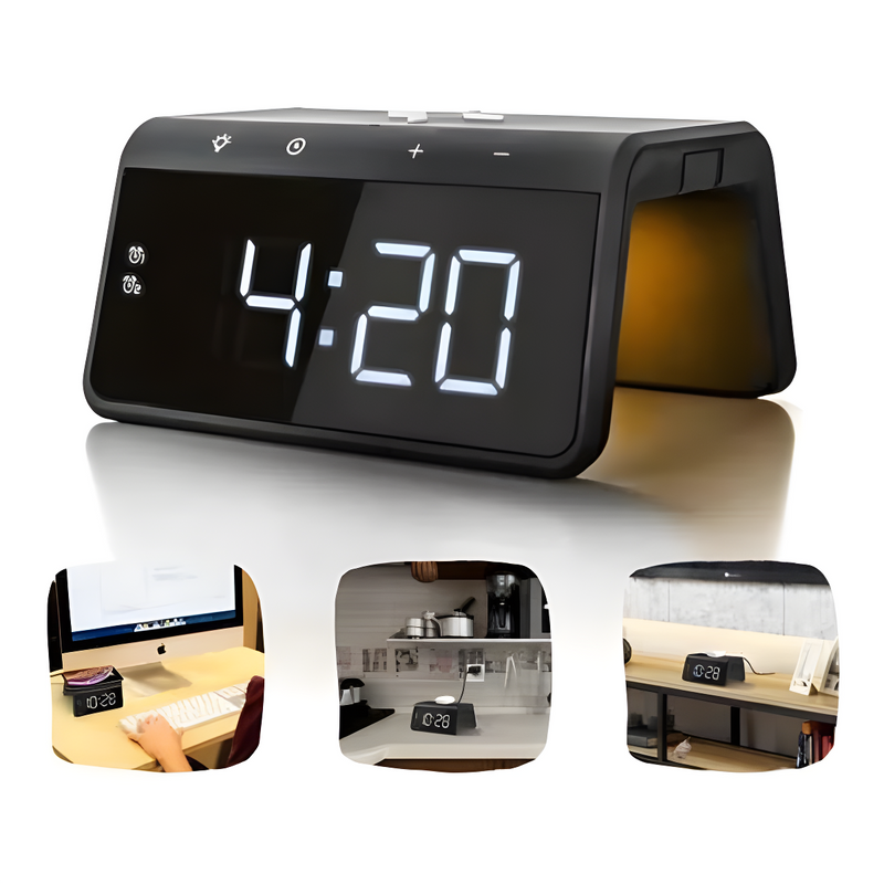 Carregador Indução + Relógio Despertador Preto