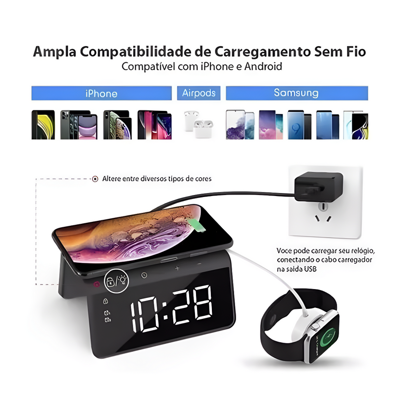 Carregador Indução + Relógio Despertador Preto