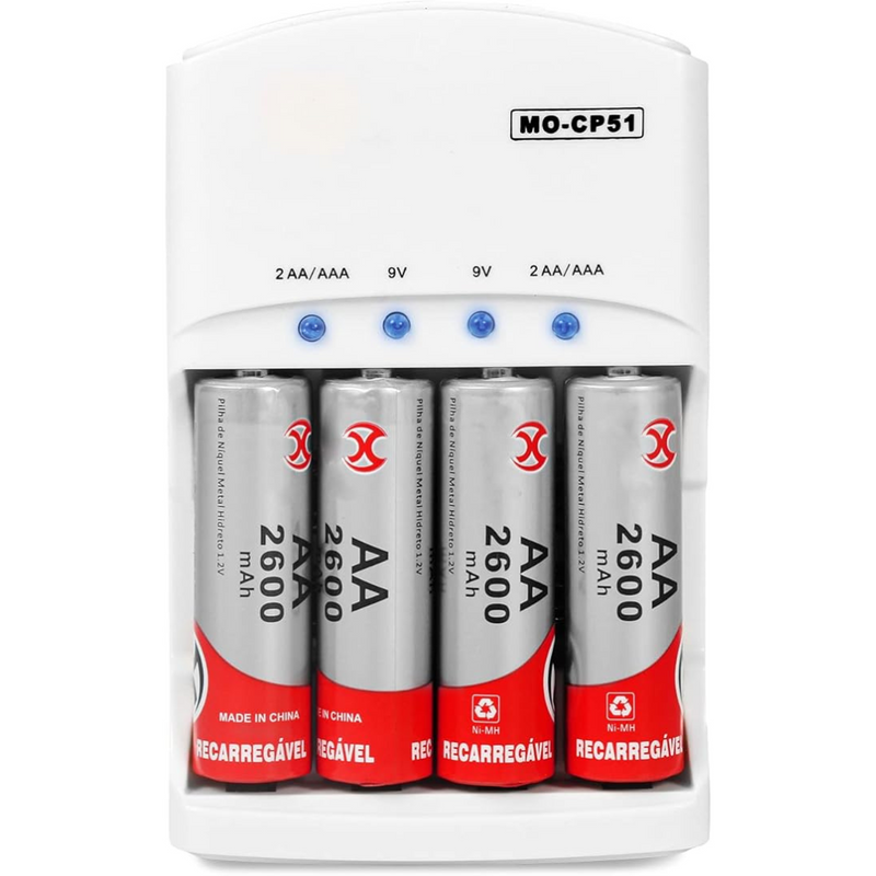 Kit com 4 Pilhas Recarregáveis MOX Premium AA + Carregador Bivolt