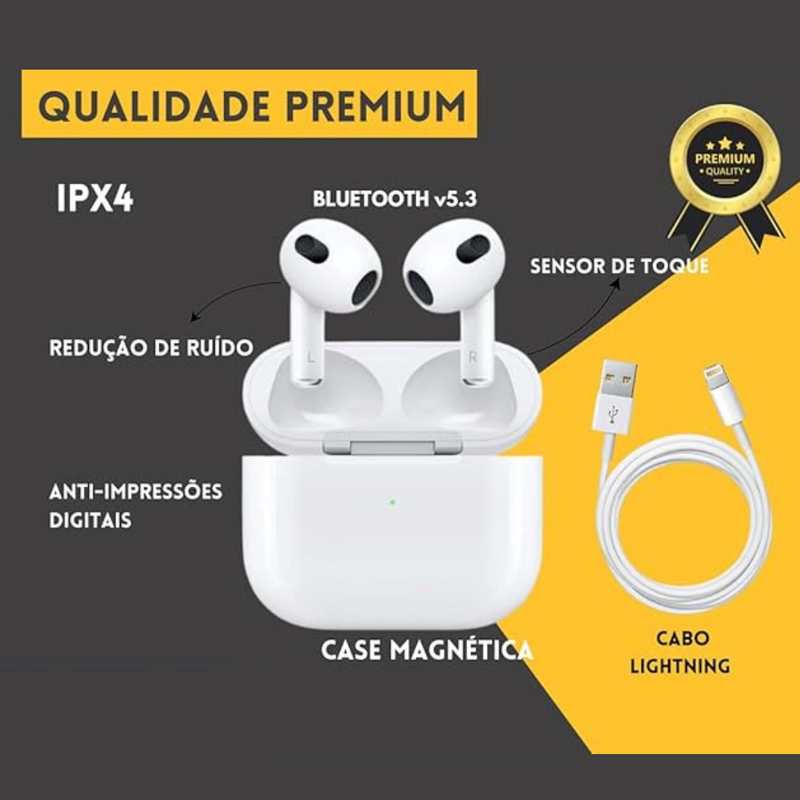 Fone de Ouvido Bluetooth Pro 3 Estojo de Recarga Lightning Branco
