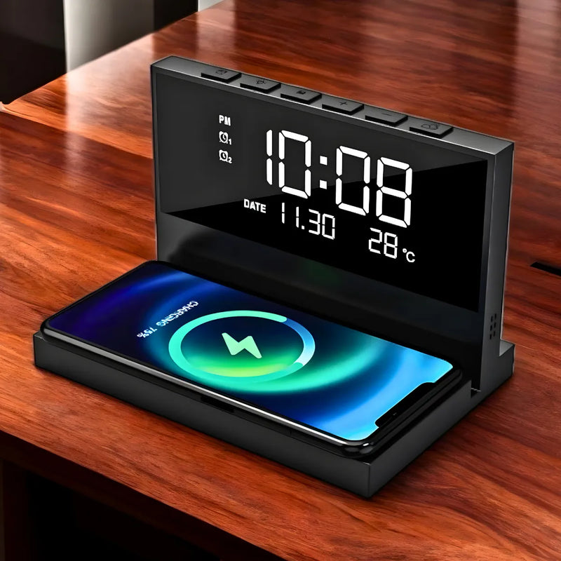 Carregador Indução + Relógio Despertador com mostrador de temperatura