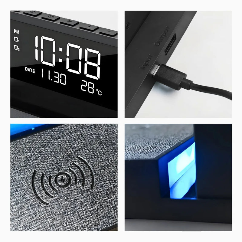 Carregador Indução + Relógio Despertador com mostrador de temperatura