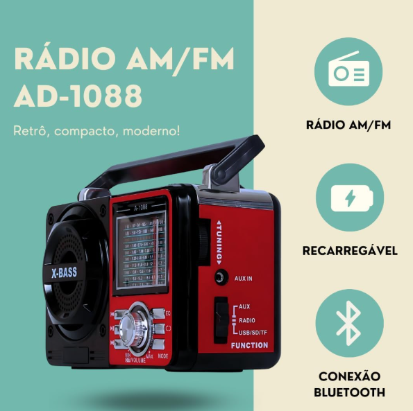 Rádio AM FM Retrô Vintage Portátil Avó Avô Radinho -Y1088BT