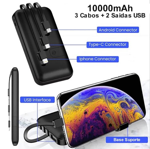 Carregador Portátil Com Cabo de Potência e Suporte Celular