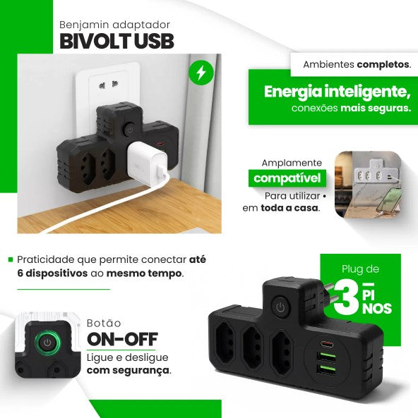 Adaptador Tomada Benjamin T USB-A e USB-C BM-8704A