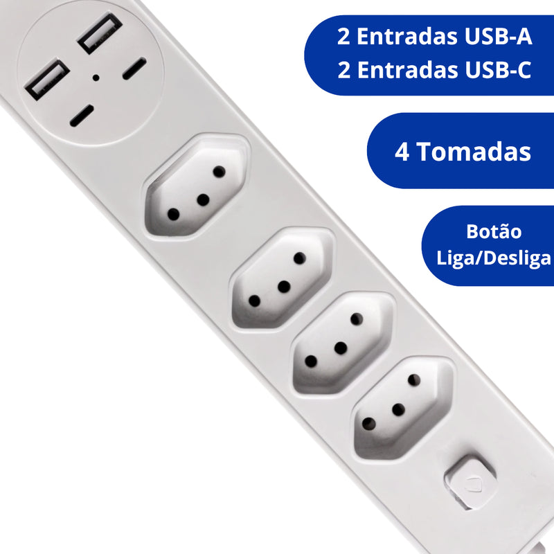 Filtro de Linha 4 Tomadas + 2 USB-C + 2 USB-A BX2204